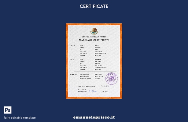 Modello PSD di certificato di matrimonio messicano in stile verificato, modello 